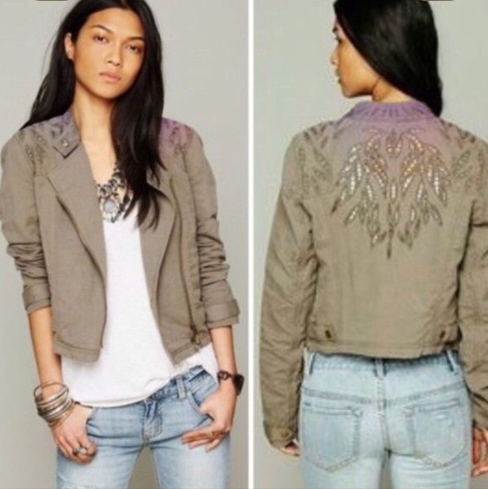 Free People Embroidered Linen Side Zip Crop Jacket in Army Green | Size 4 Small